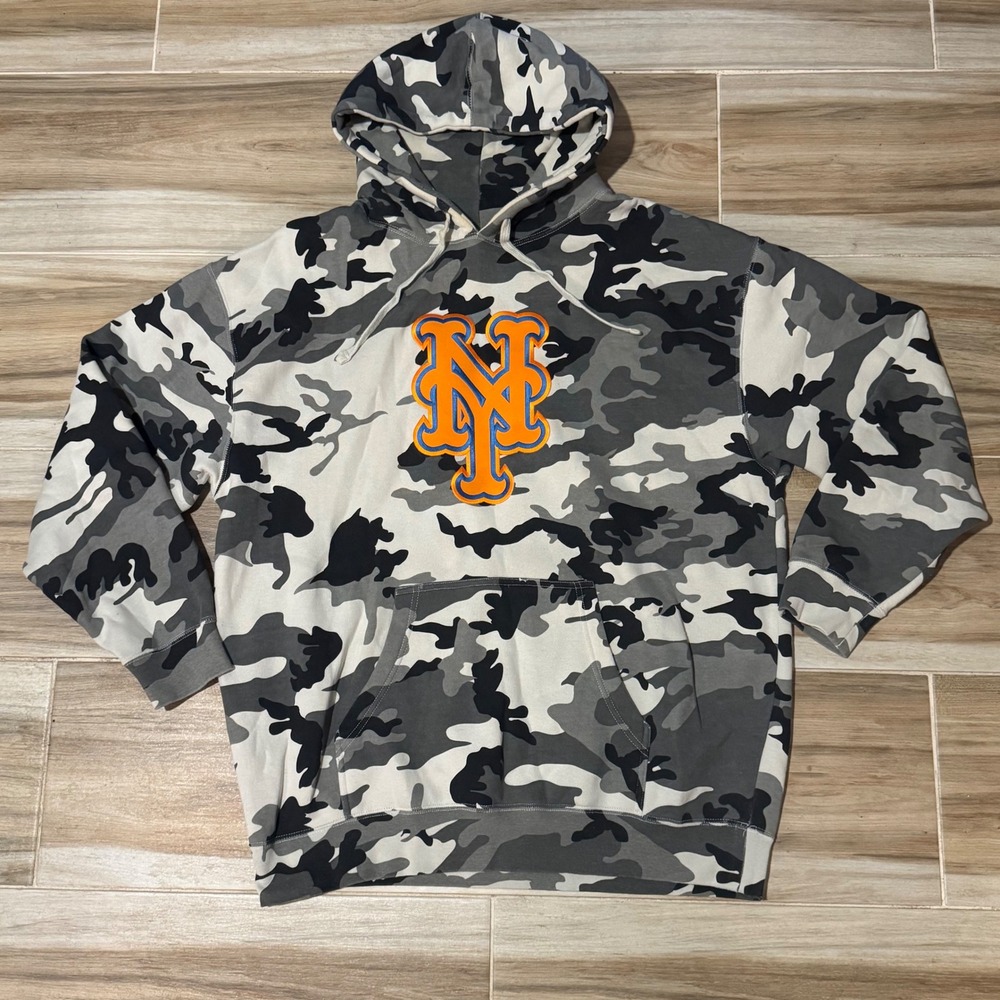 Stitches New York Mets MLB Camo Hoodie Mens XL Grey White Camouflage Pullover